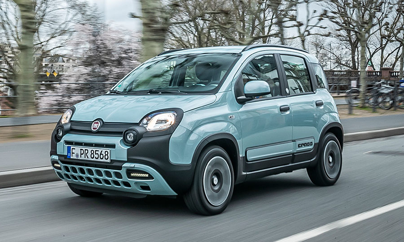 Fiat Panda light blue, grille to the left, during testing